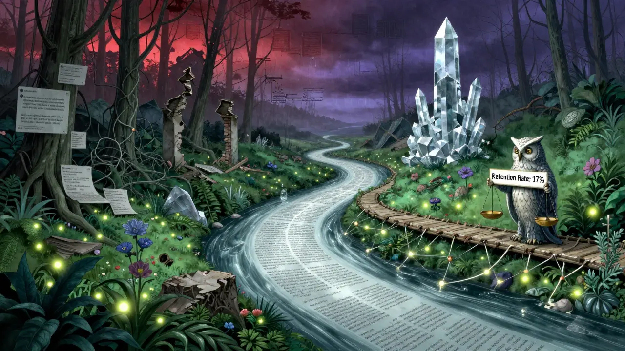 A river of data flows between chaotic web ruins and a serene garden of purified knowledge.