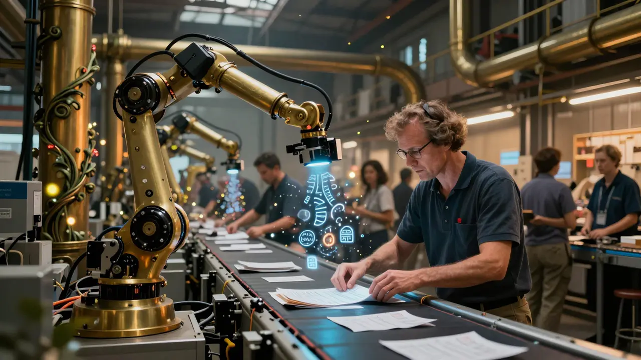 A robot in a warehouse compressing visual data into glowing runes amid art-nouveau machinery.