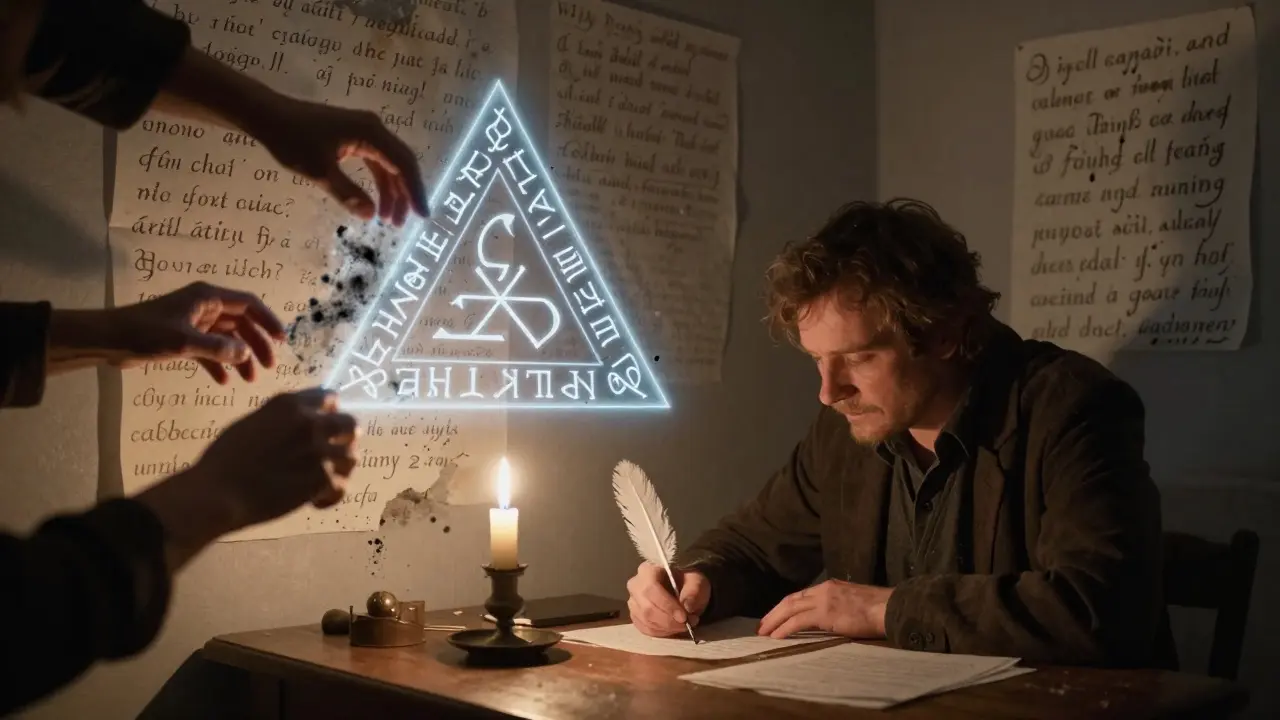 A scribe writes under candlelight as spectral hands dissolve against a triangular rune barrier.