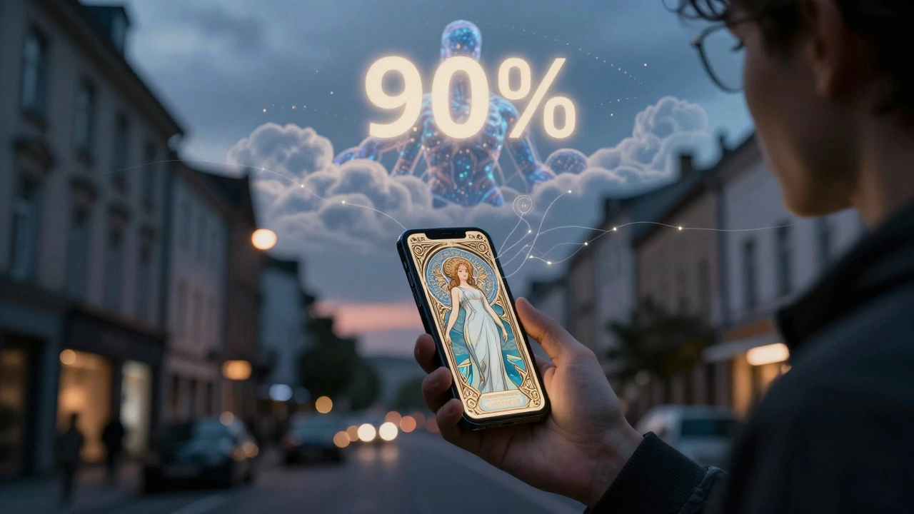 A smartphone emits delicate light tendrils connecting to a celestial AI titan in the night sky.