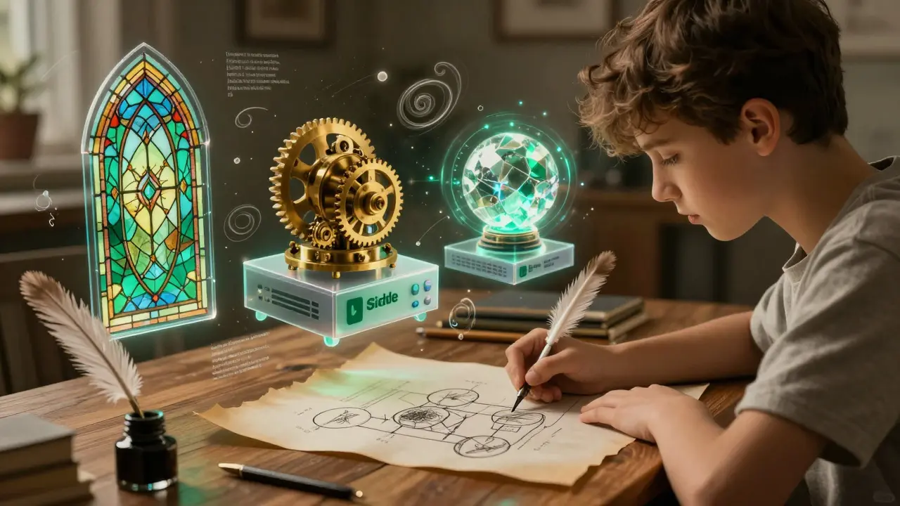 A student sketches software architecture with ink and quill as floating digital components hover above.