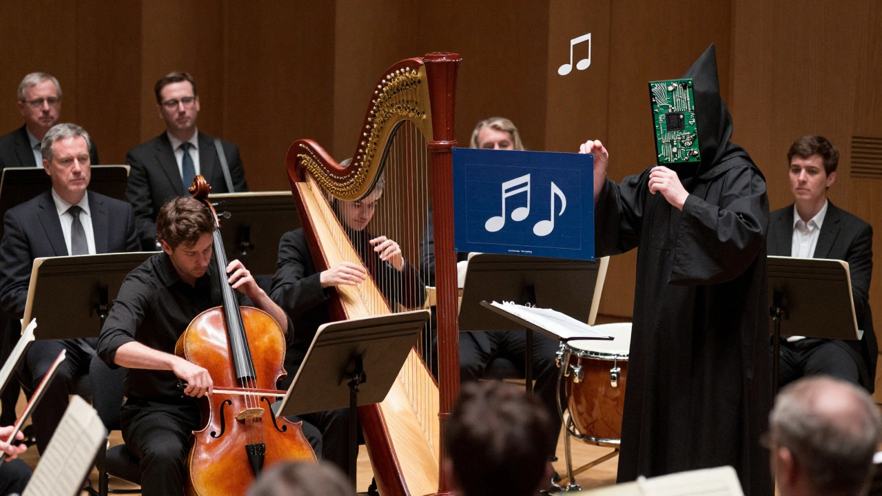 A surreal orchestra where security layers are instruments, conducted by a circuit-faced figure amid anxious observers.