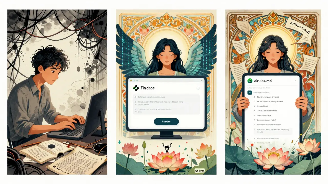 A symbolic triptych: chaotic coding, AI-built app, and refined human-tuned app, framed by Art Nouveau motifs and blooming tech-lotuses.