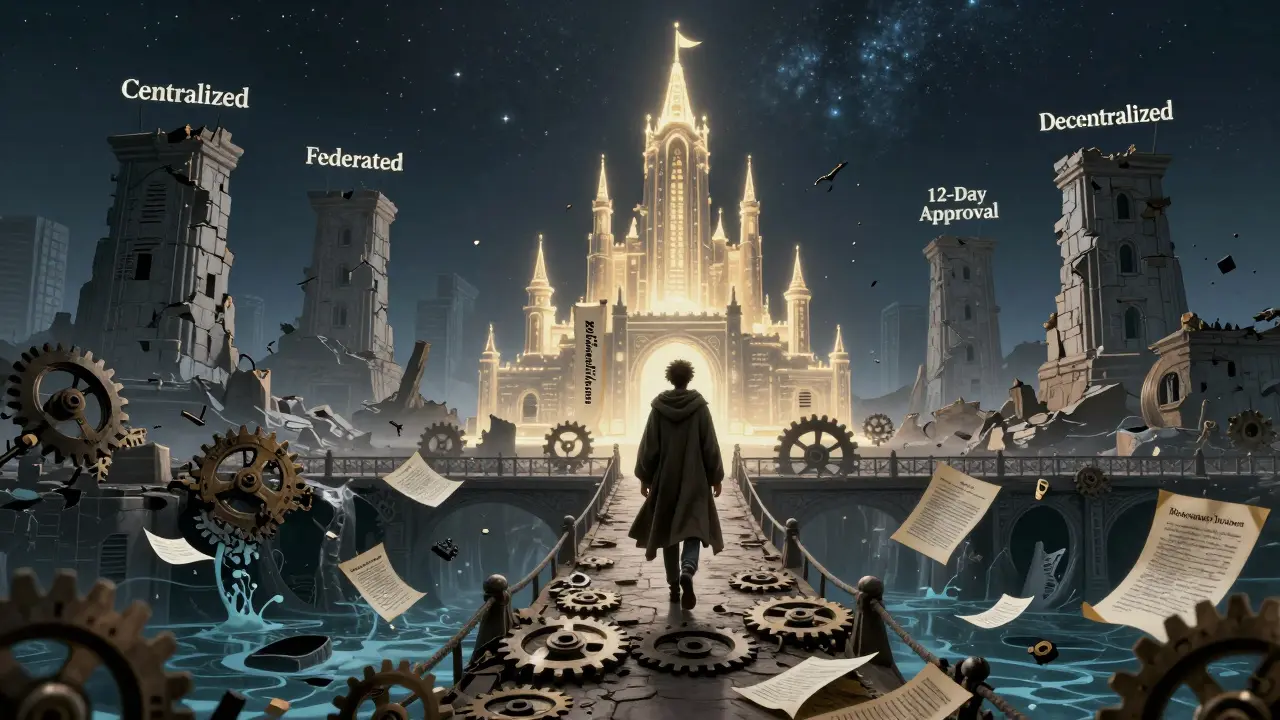 A traveler crosses a bridge to a glowing citadel, leaving behind ruins of failed AI governance models.