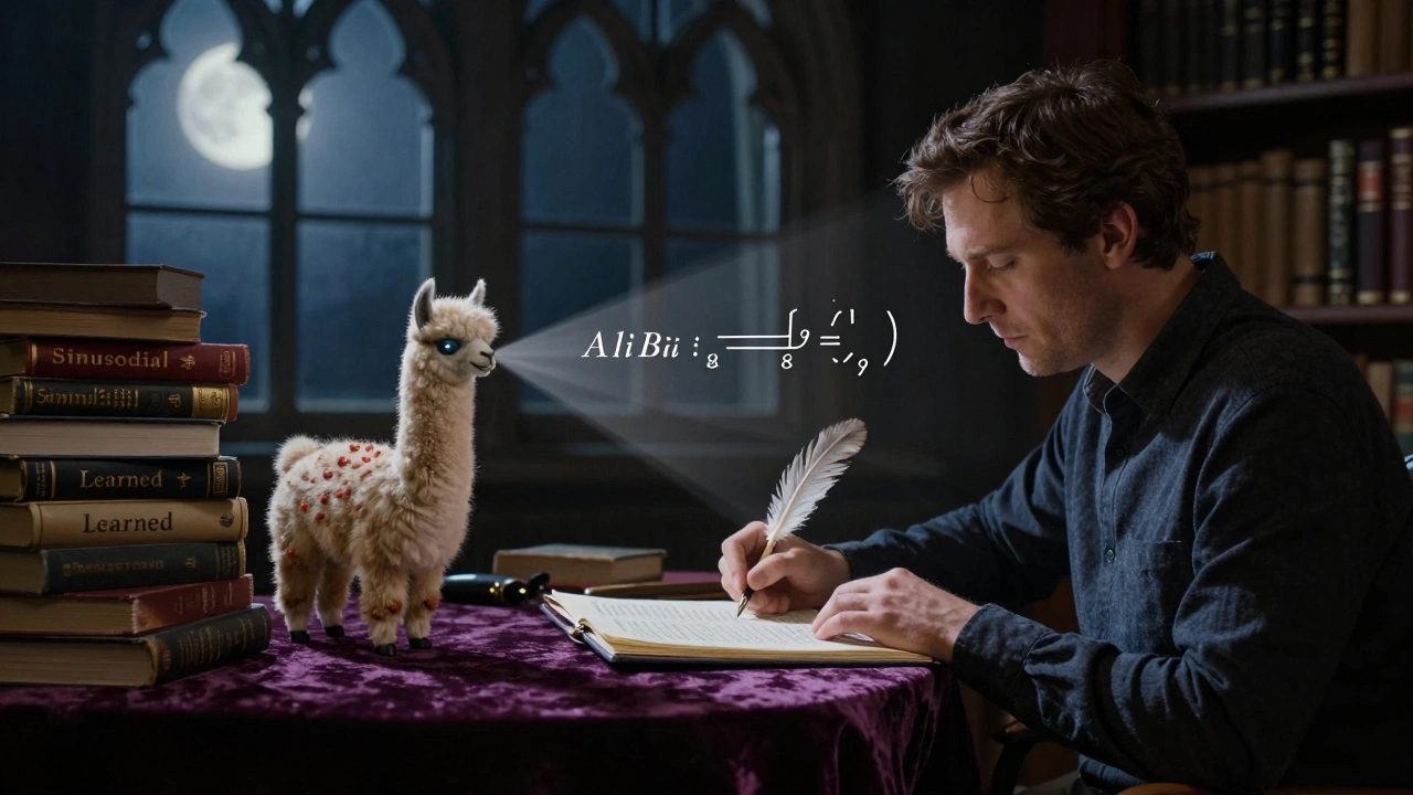 An engineer writing ALiBi's bias formula under moonlight, with a glowing Llama 3 reading a massive scroll.