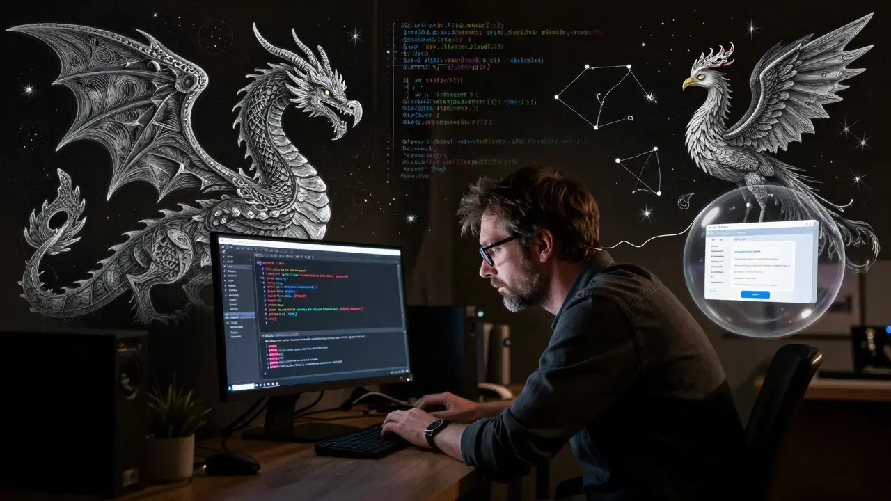 An experienced developer surrounded by AI-generated code creatures and a tethered no-code app.
