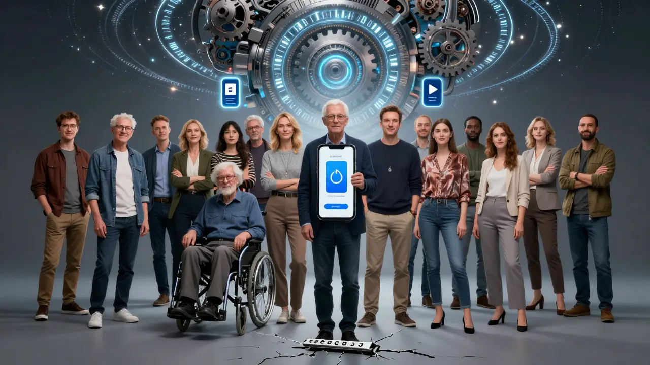 Diverse users under a canopy of secure authentication methods, with a crushing default password below.