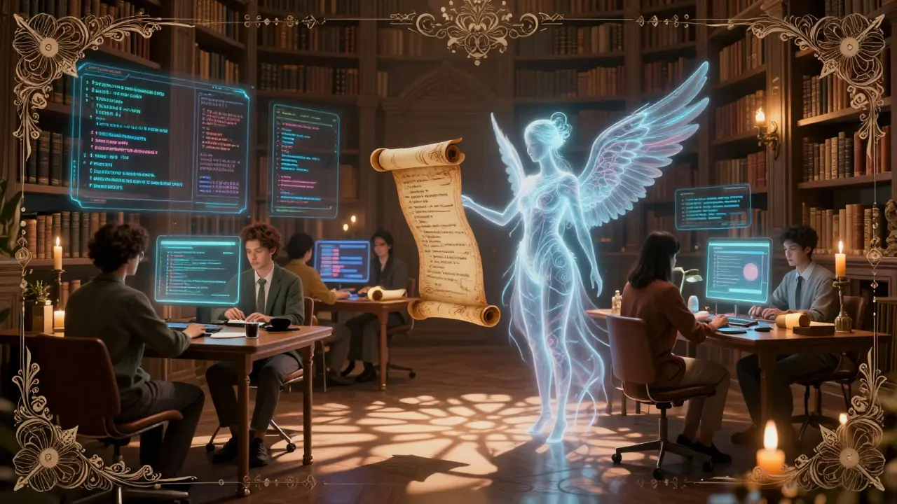 Employees build AI tools in a magical library with a feathered AI coach guiding them.