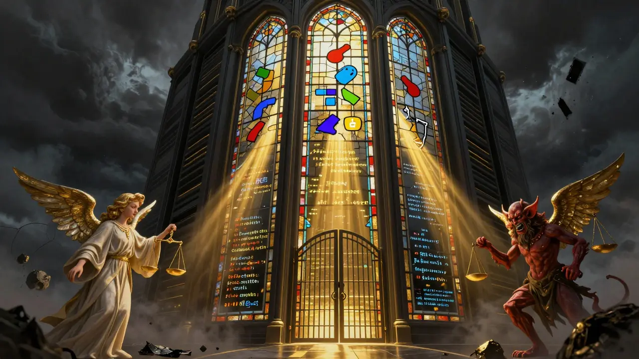 A cathedral data center with stained glass showing unsafe serialization, bathed in golden light and shadow.