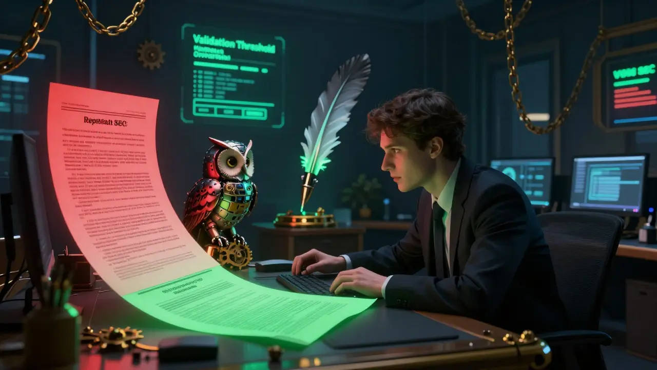 A compliance officer in a fintech room surrounded by glowing regulatory documents, with a mechanical owl projecting alerts.