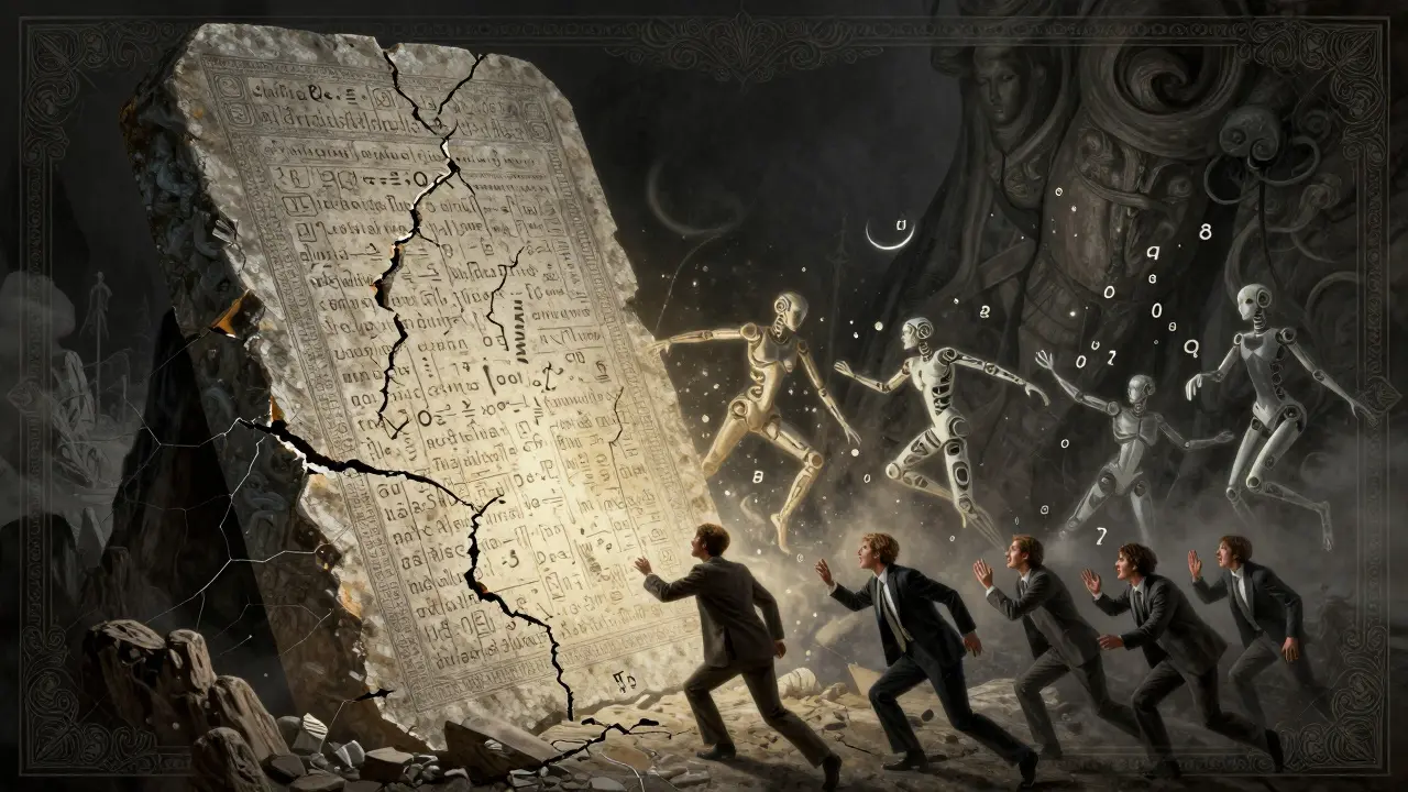 A cracked stone tablet reveals reasoning figures spilling symbols into a chaotic void.
