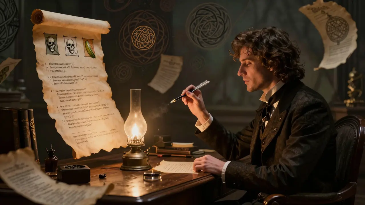 A developer at a desk is surrounded by floating scrolls of dangerous code and safe JSON, lit by an oil lamp.