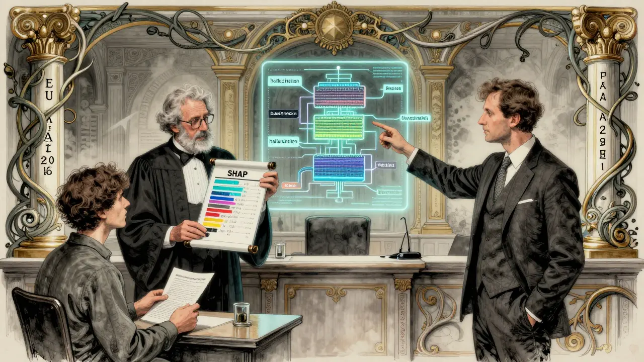 A divided courtroom with a judge holding flickering SHAP values, while an expert reveals neural pathways with a hand-drawn chart.