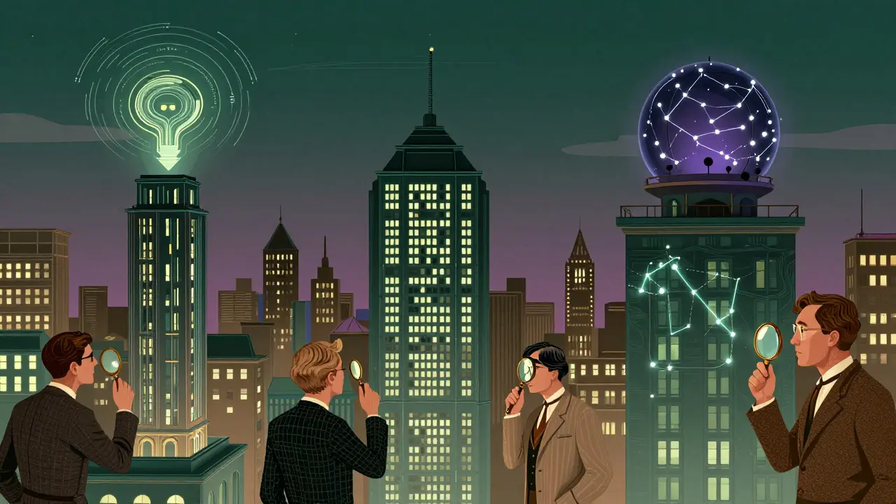 A dreamlike cityscape where buildings are RAG components, lit by batched inference and traced by constellations of OpenTelemetry monitoring.