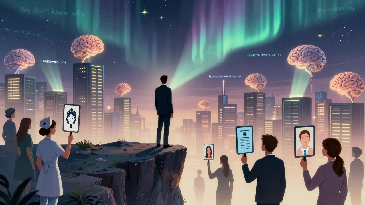 A figure on a cliff overlooking an AI city, with users holding mirrors reflecting different AI outputs under a sky of fragmented text.