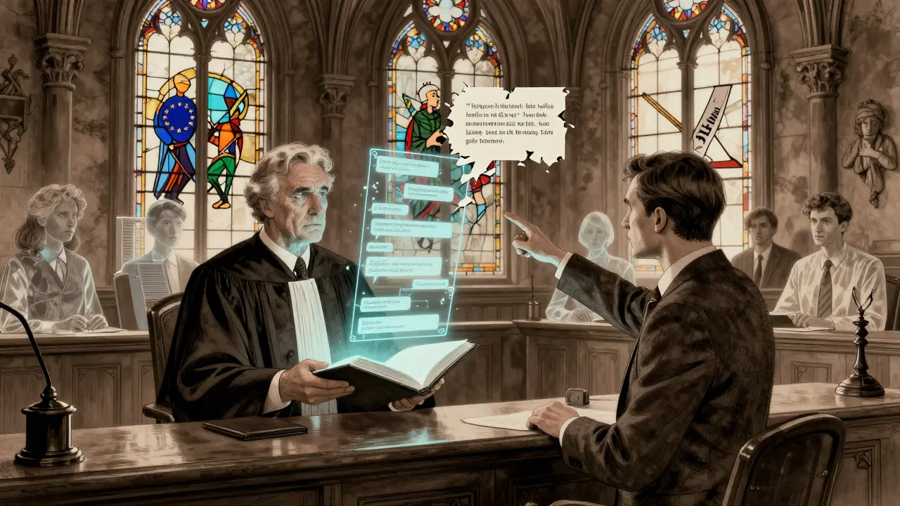 A gothic courtroom with a holographic AI logbook projected above a judge, lit by stained glass depicting algorithms.