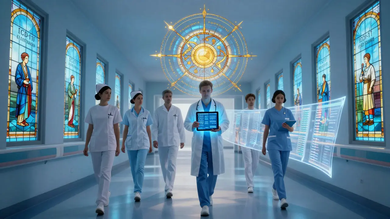 A hospital corridor with stained-glass medical guidelines, a doctor using a RAG tablet, and an audit trail like a silk banner.