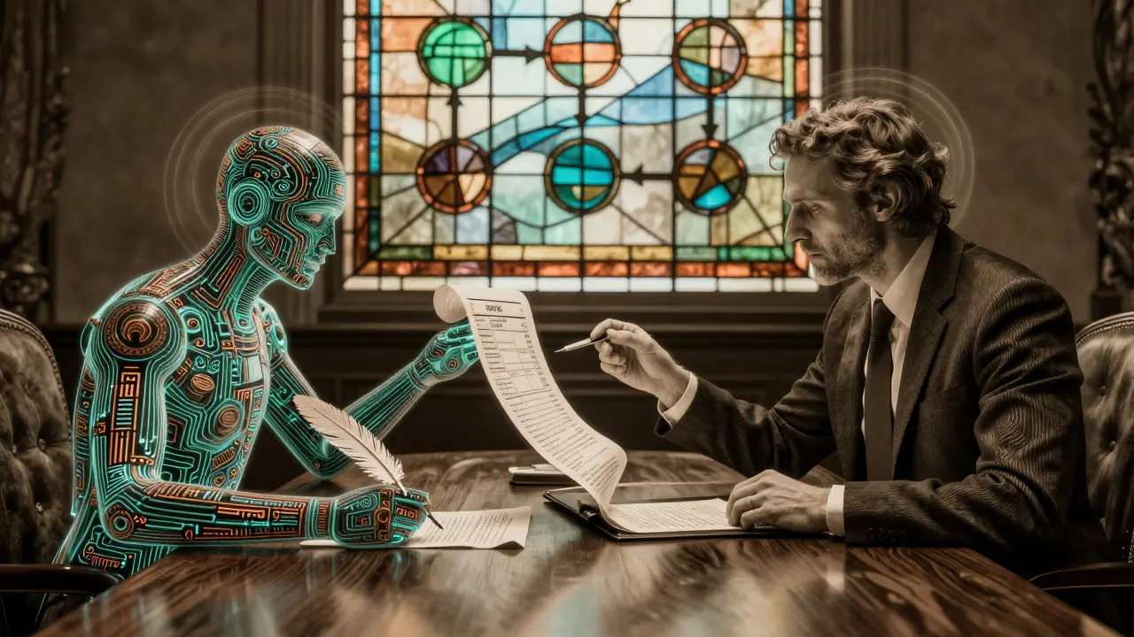 A human and digital agent at a grand table, with the agent correcting invoices using floating data scrolls in detailed illustration.