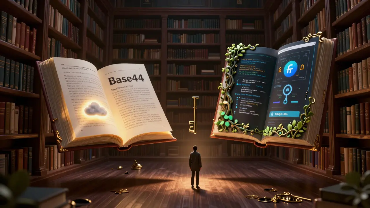 A magical library where app platforms bloom as living books, glowing with code and cloud architecture.