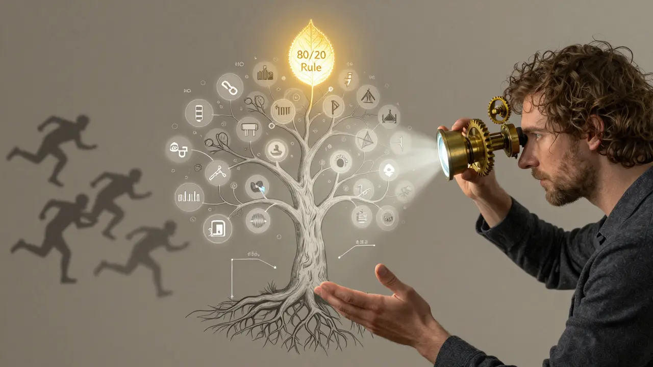A mystical profiler machine projecting a tree of performance metrics, with the 80/20 Rule glowing at its crown in detailed ink and watercolor.