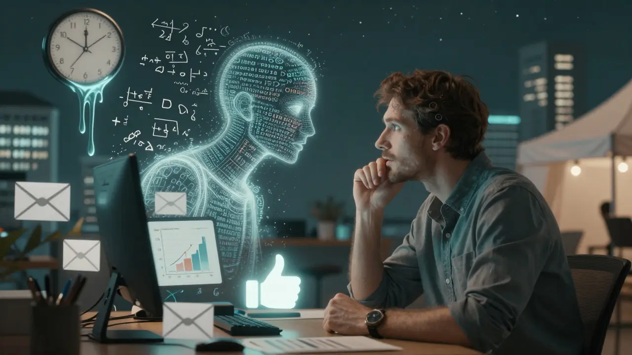 A product manager listening to a whispering AI spirit made of text and data, surrounded by user feedback and metrics.