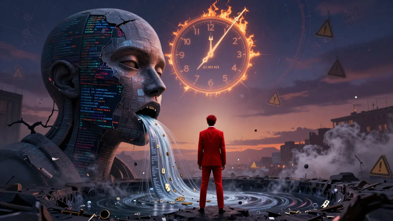 A red teamer facing a text-based AI golem leaking confidential data into darkness.