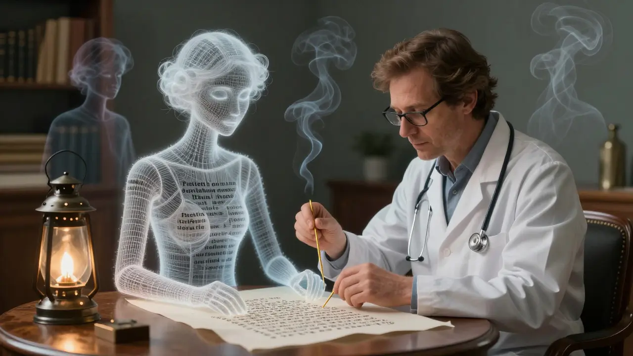 A researcher mends an AI's personality with golden thread under a lantern-lit study.