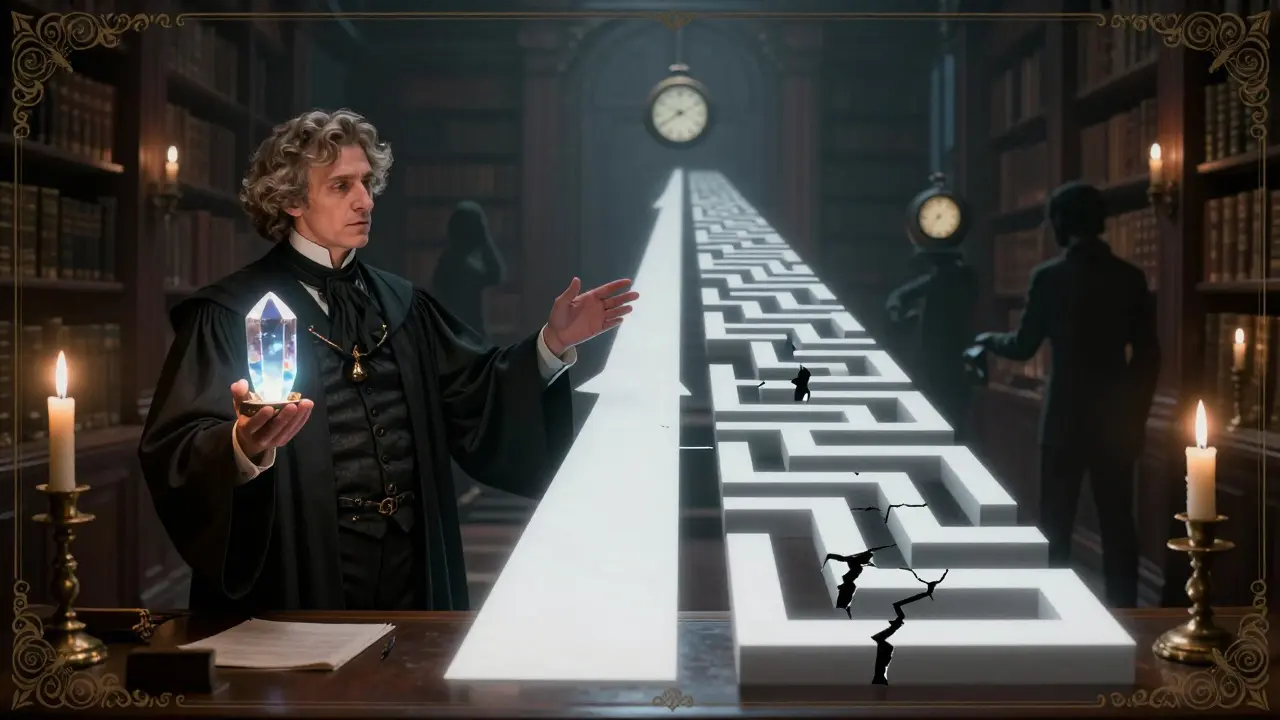 A scholar at a library table facing two paths of reasoning—one simple, one complex—with cost and latency shadows nearby.