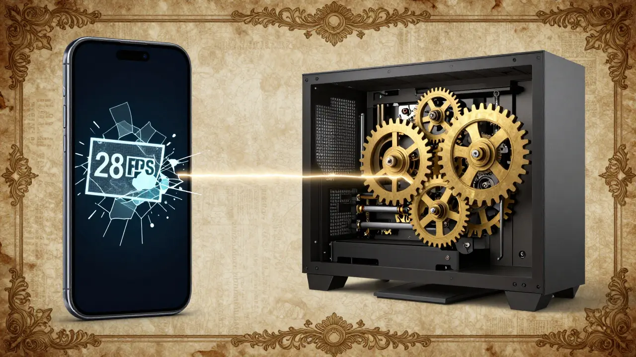 A smartphone and PC connected by data threads, showing fragmented FPS versus smooth performance in ornate, illustrative detail.