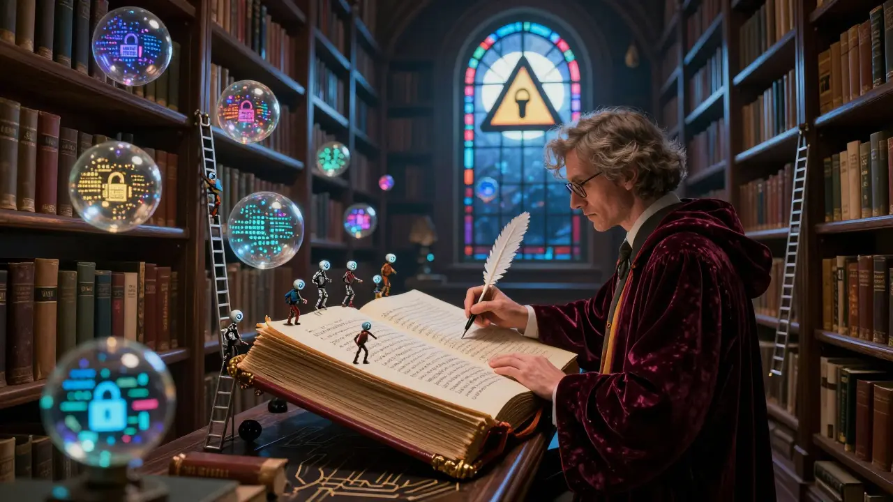 A surreal library of glowing data orbs representing AI interactions, with an auditor inscribing logs into a circuit-board-bound book.