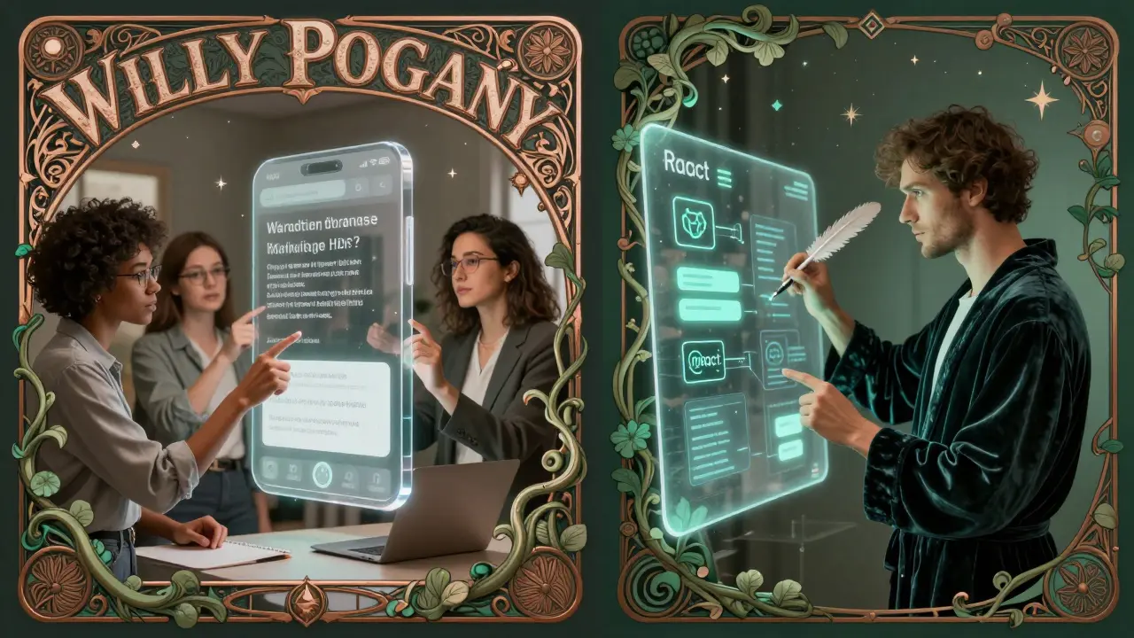 A team building apps by speaking to the air, while a developer tweaks glowing React components in a dreamlike studio.