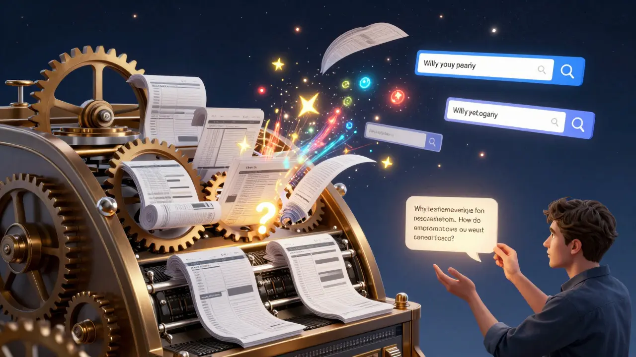 A technician operating an ornate mechanical indexer as text turns into shimmering vectors.