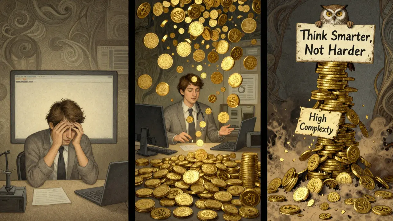 A triptych showing simple, medium, and high-complexity reasoning outcomes with an owl above, in Willy Pogány's mythical style.