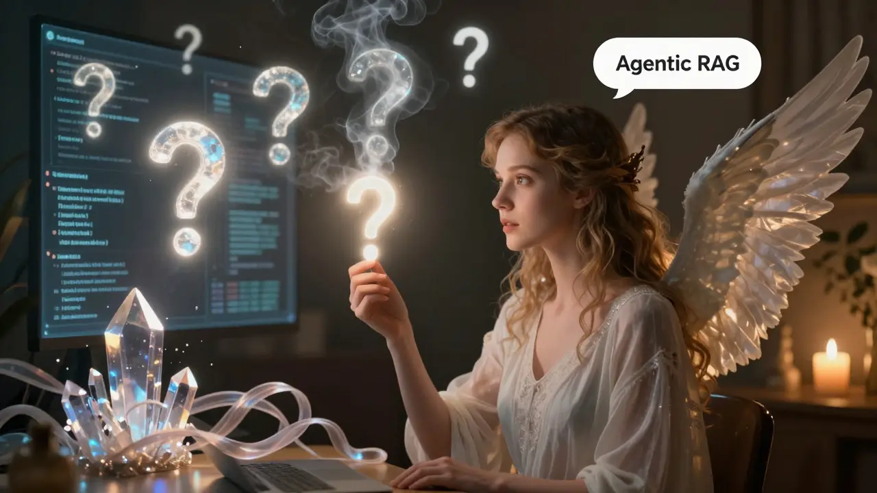 A winged voice assistant speaking to a user, with questions dissolving unless filtered by Agentic RAG, surrounded by floating databases and silk ribbons.