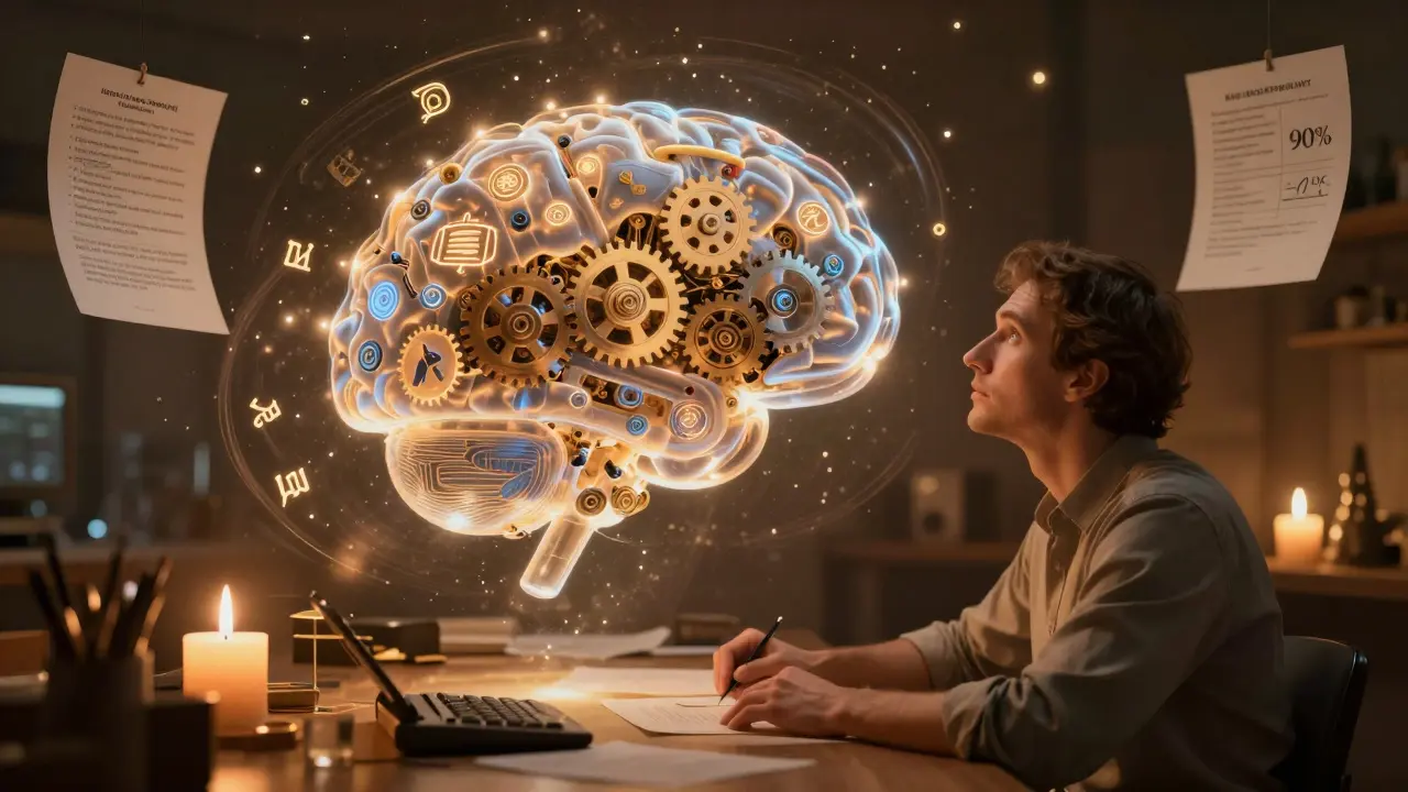 An ornate mechanical brain emits languages and codes as an engineer watches in wonder.