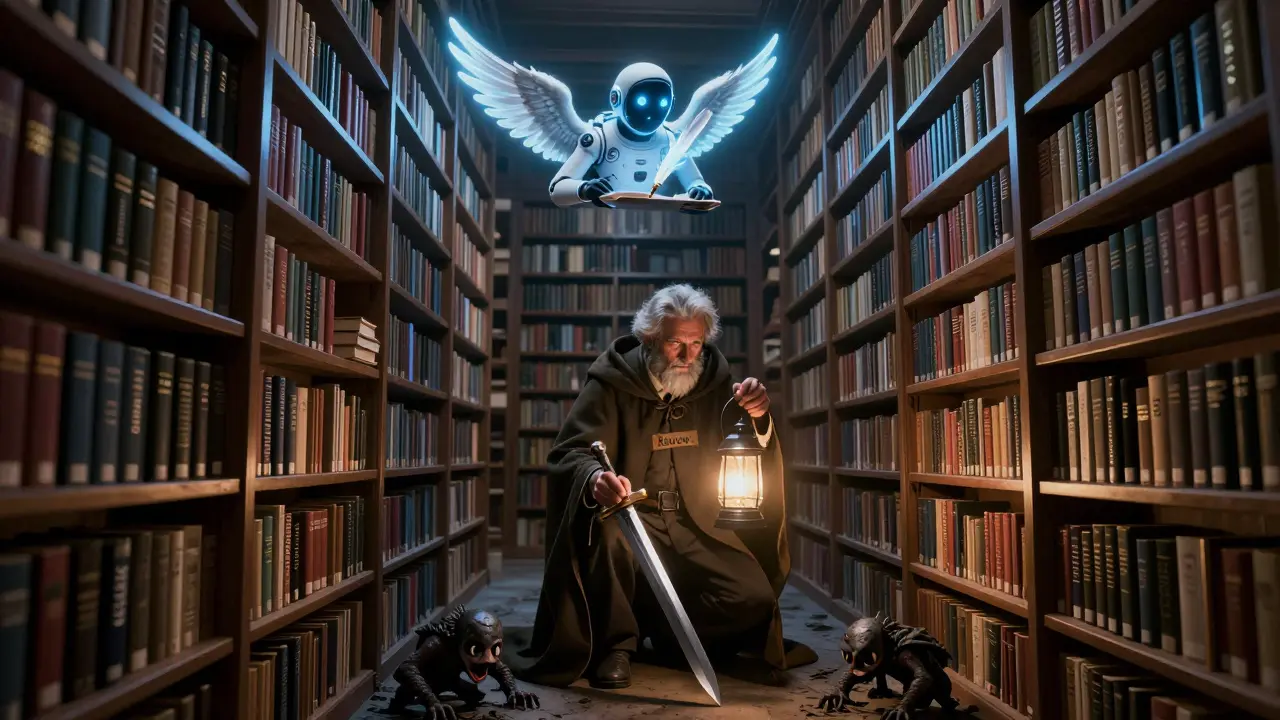 Celestial AI co-pilot writes code in a vast library while a vigilant developer cuts through illusions.