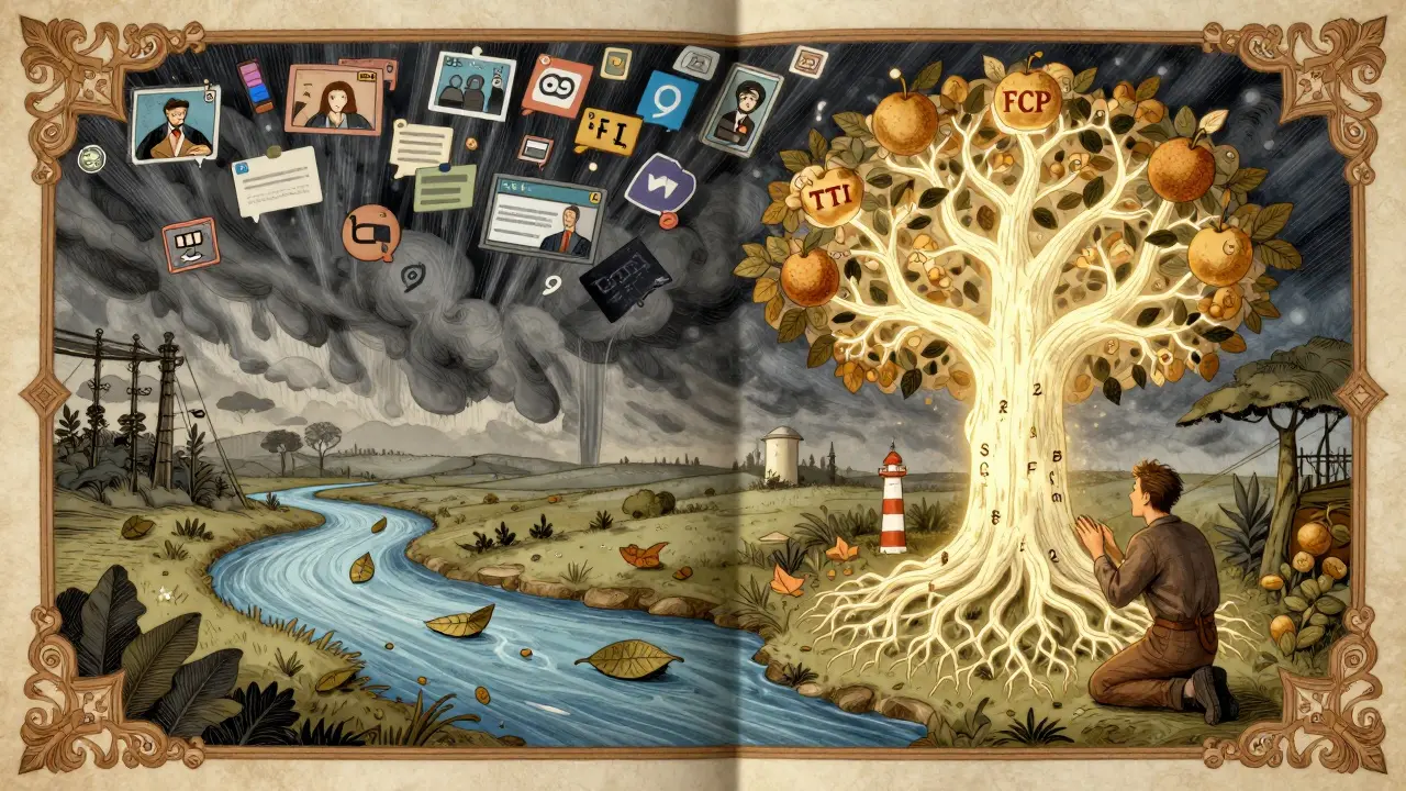 Designer and developer before a mystical tree with performance metrics as fruit, surrounded by optimized assets and chaotic bloated requests.