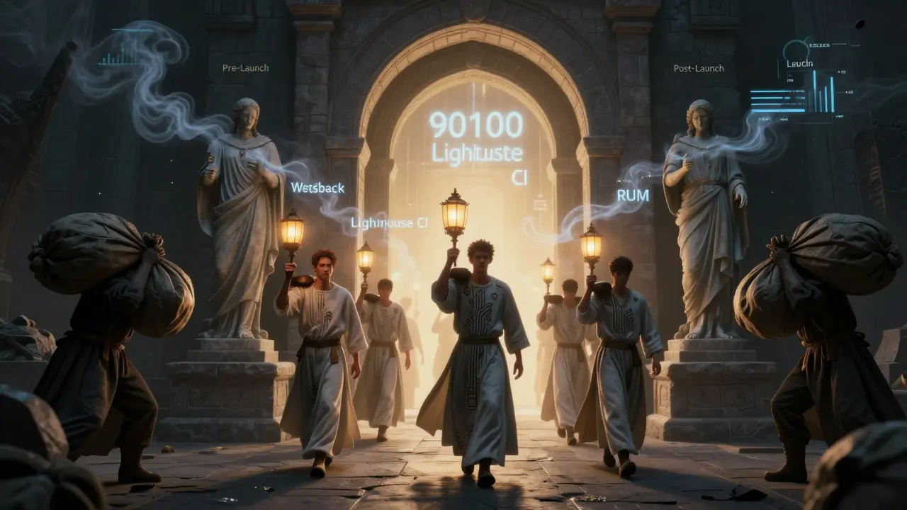 Engineers carrying lanterns through a stone archway guarded by statues, with a glowing 90/100 Lighthouse score portal at center.