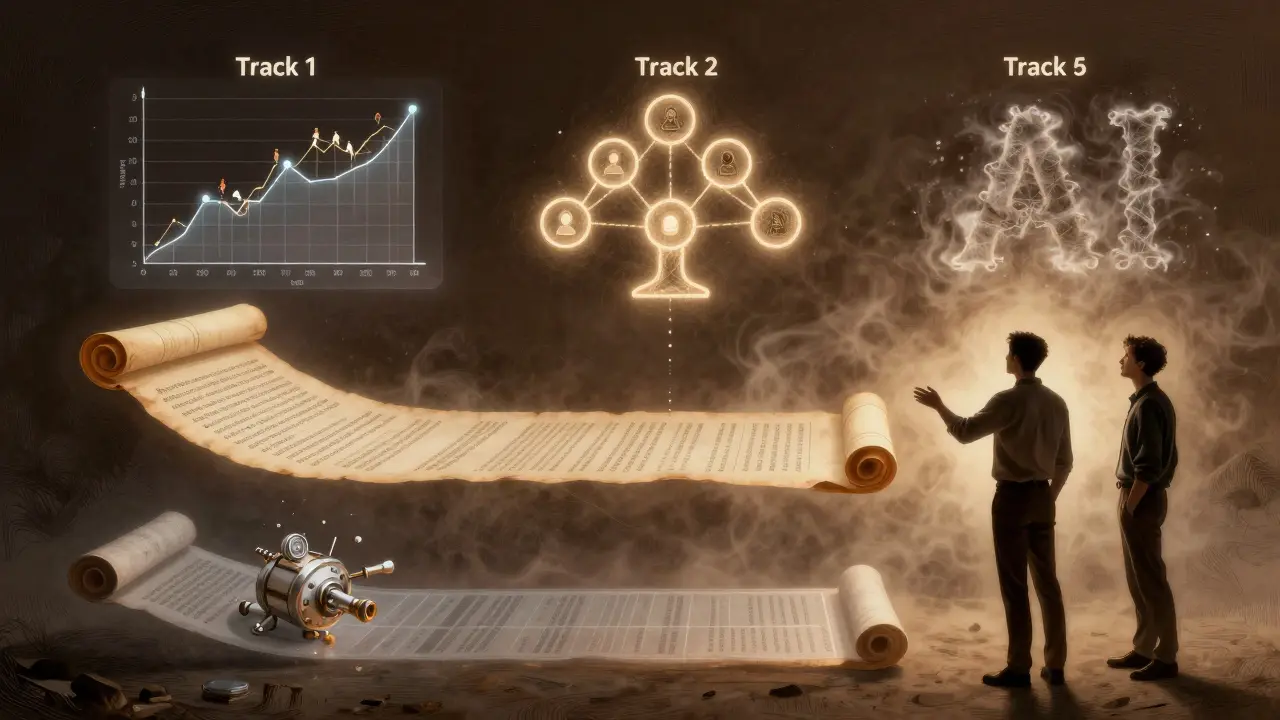 Four AI capability tracks depicted as glowing pathways, with team members choosing the templated approach first.