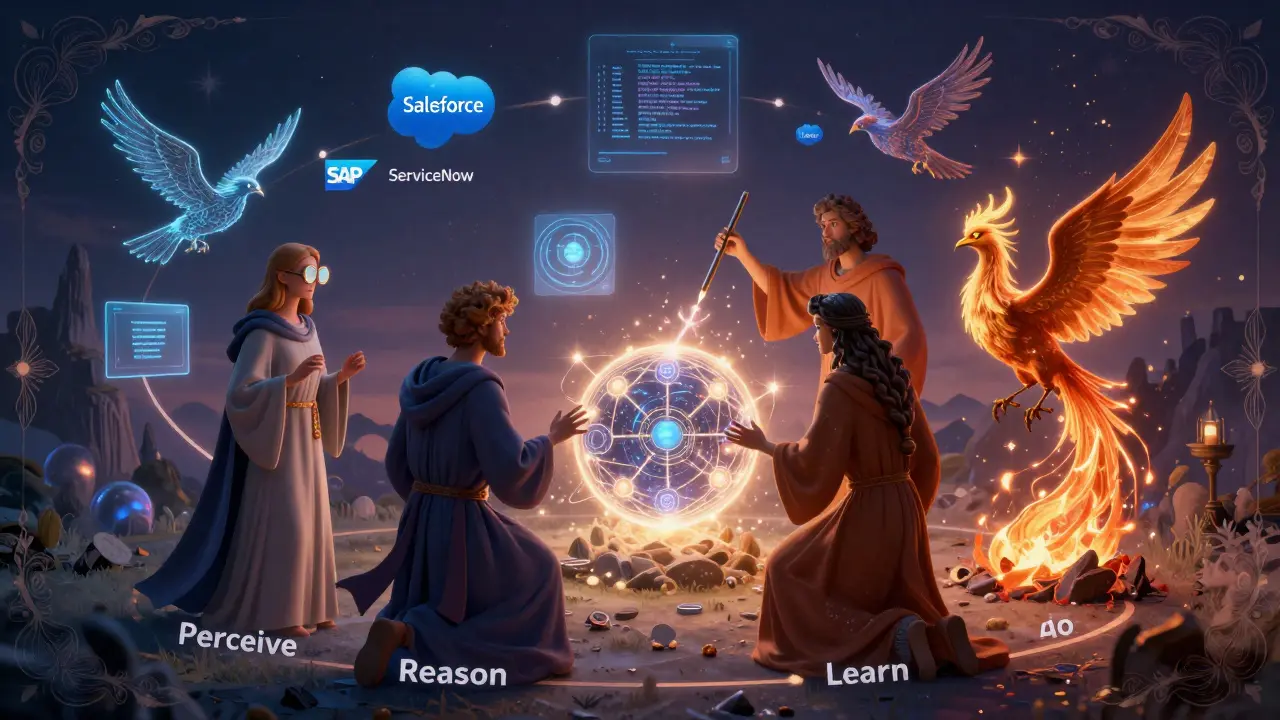 Four mystical figures embodying the AI loop in a cyclical ritual, surrounded by floating enterprise systems and coded birds.