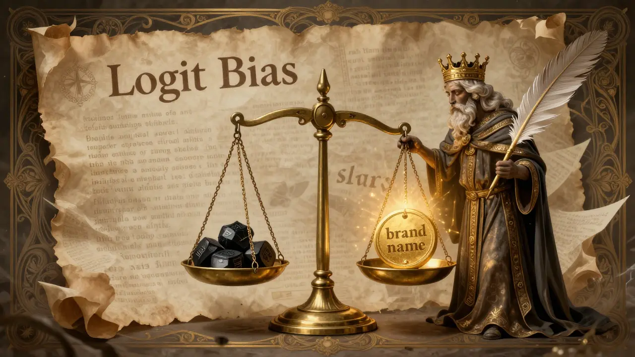 A crowned scribe adjusting a brass scale, crushing harmful tokens while lifting a brand token with golden light.