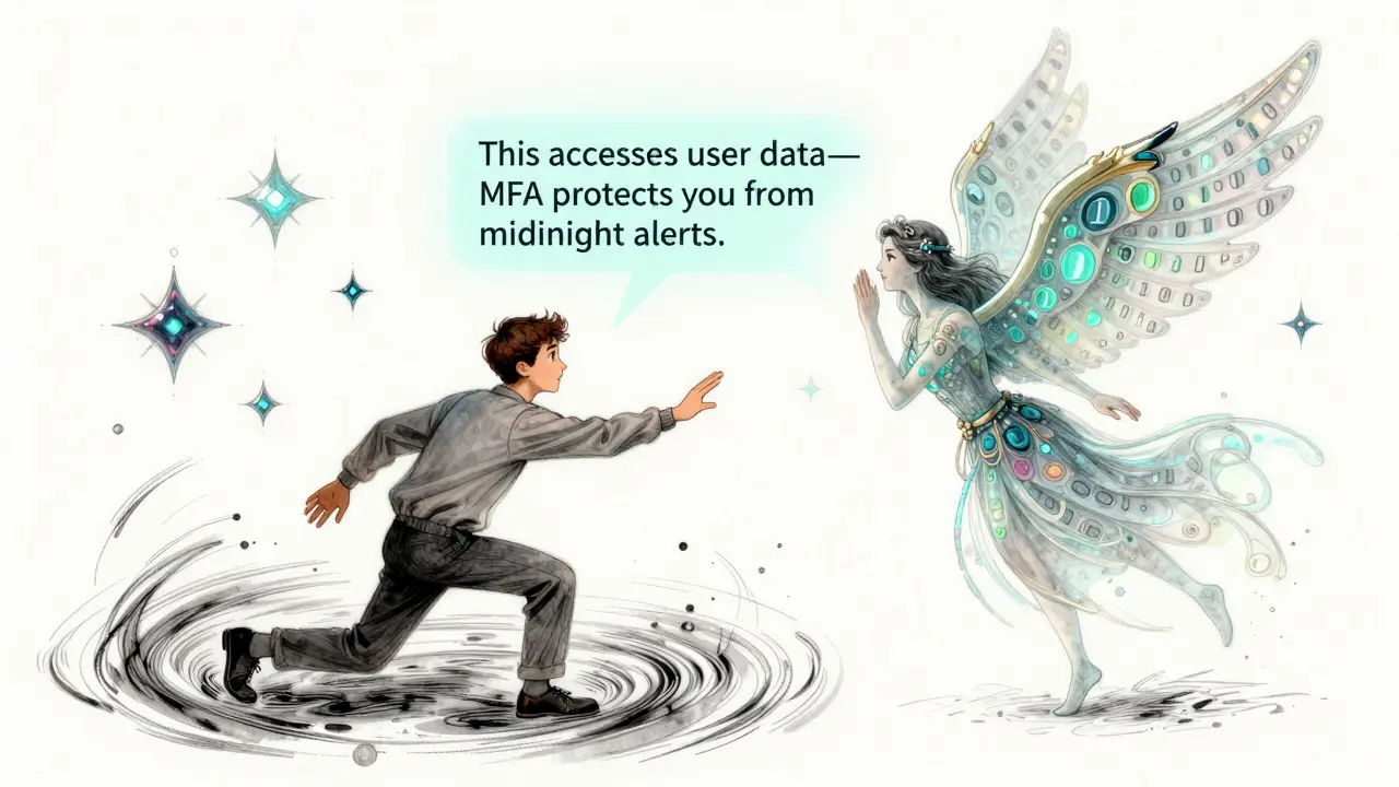 A developer and an AI spirit converse as code transforms into protective guidance, rendered in Pogány’s intricate line art.