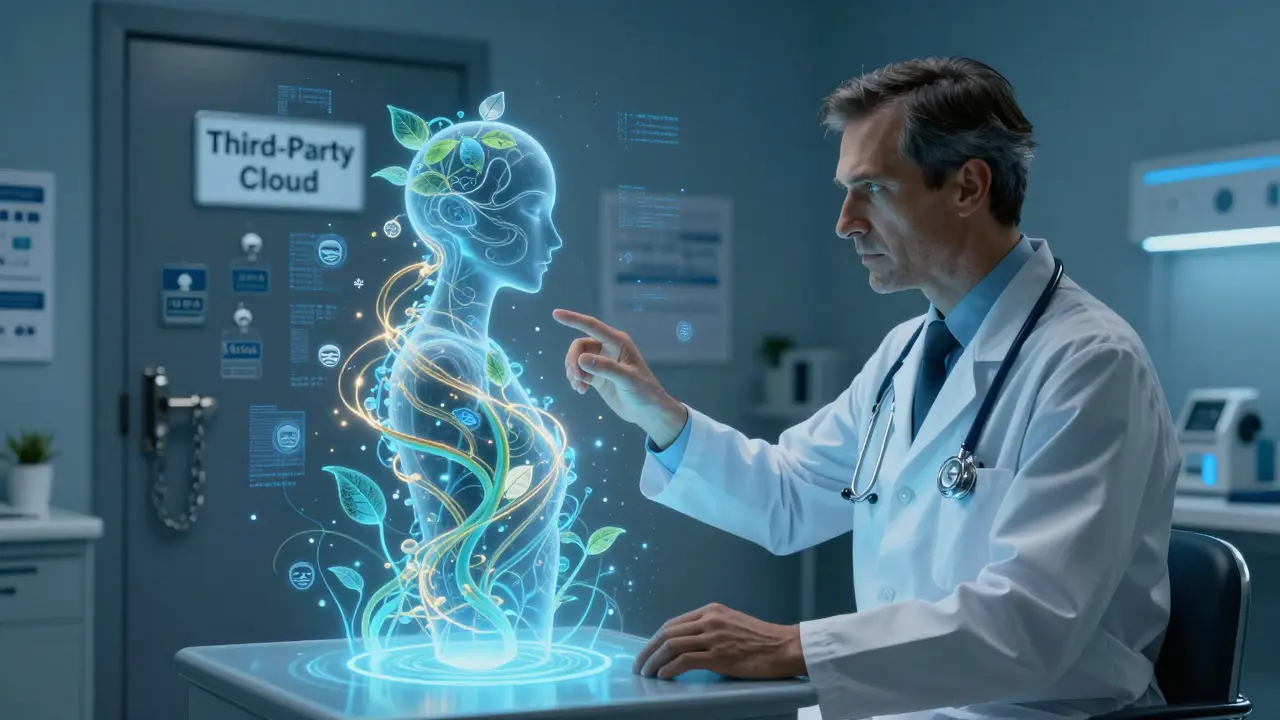 A doctor guiding a vine-like AI through masked patient records, surrounded by symbols of privacy and compliance.