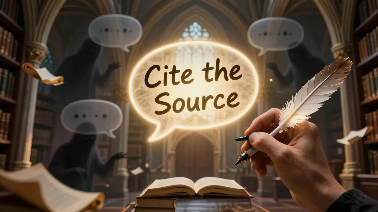 A gothic library invaded by shadowy chat bubbles spreading misinformation, while a glowing quill writes 'Cite the Source' surrounded by radiant books.