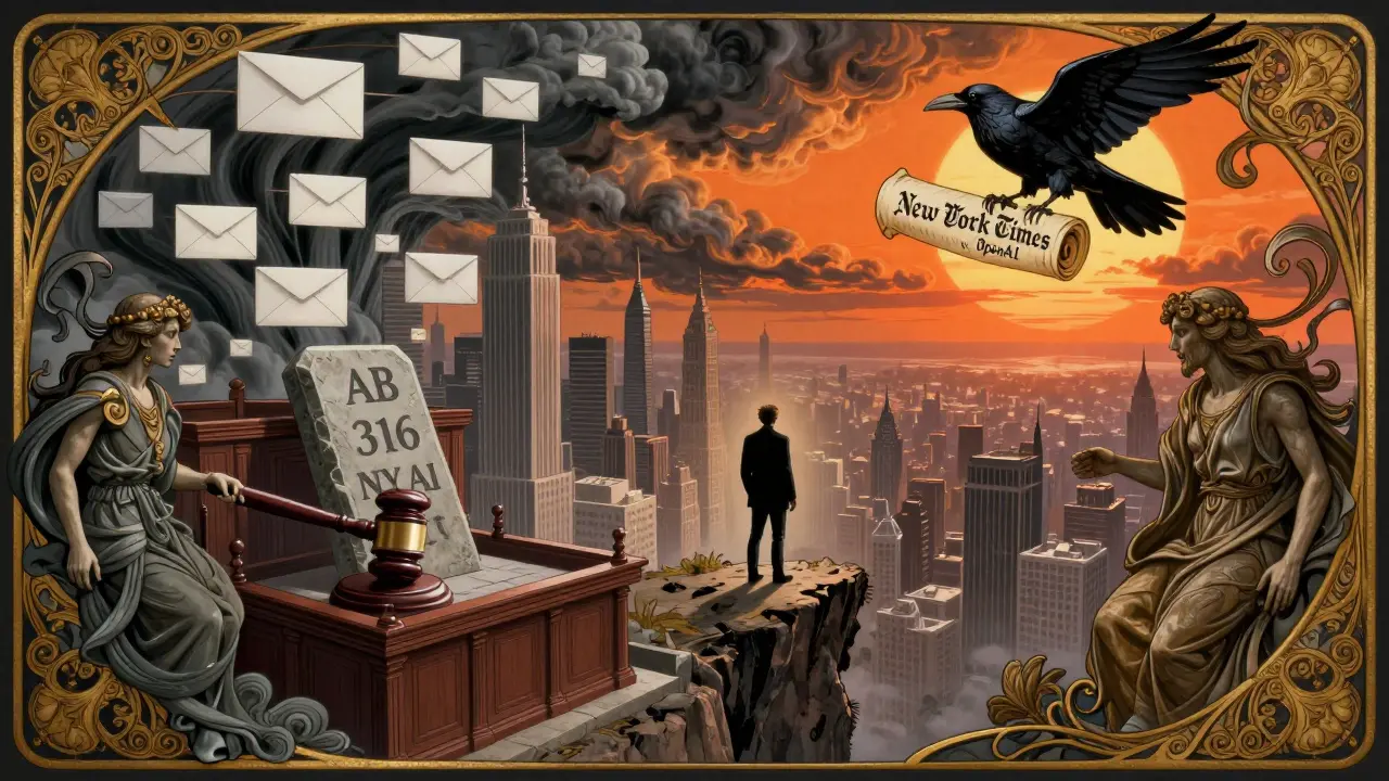 A lone person at a cliff overlooking a digital city of AI systems, with a gavel striking a law tablet under a stormy sunset in ornate artistic style.
