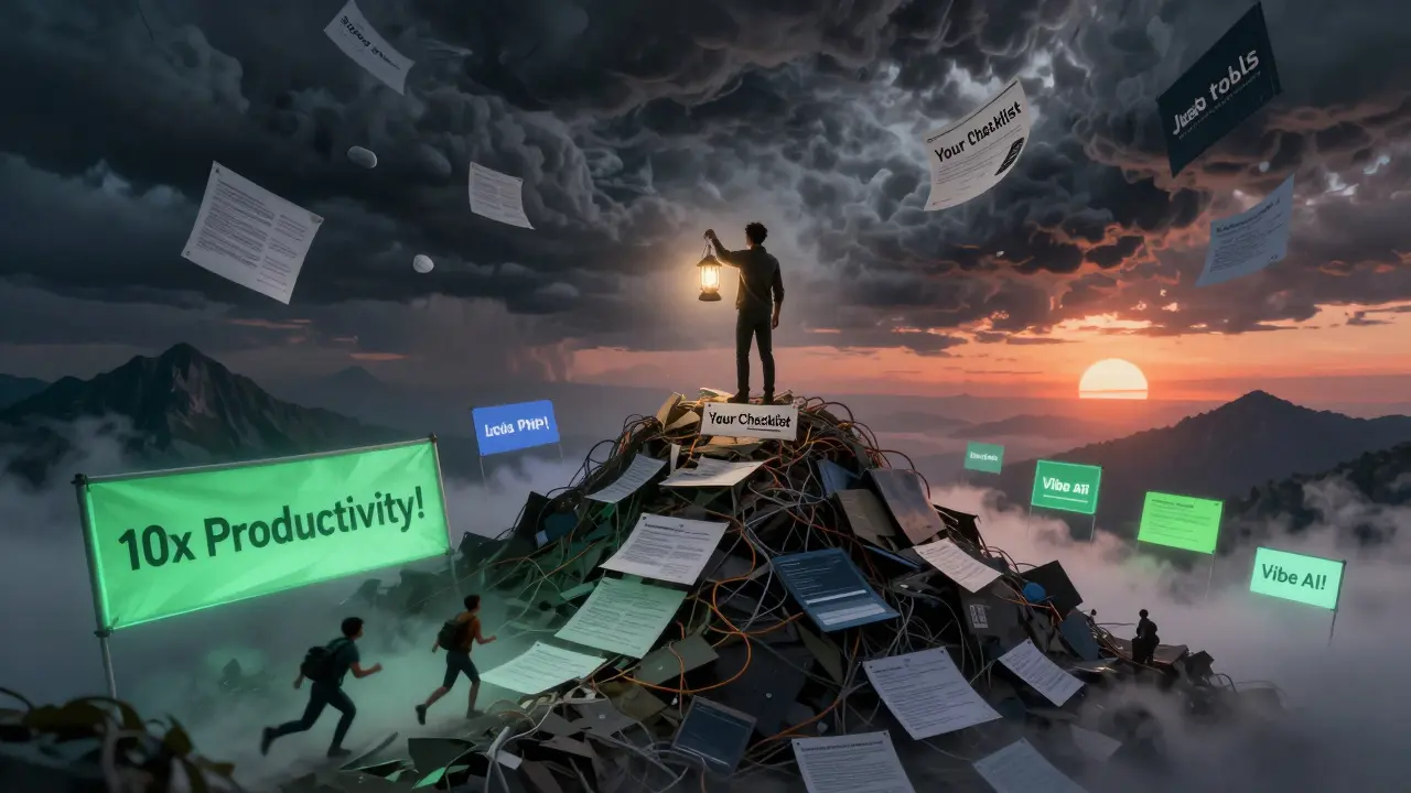 A programmer atop a mountain of legacy code, guided by a lantern labeled 'Your Checklist' as misleading AI banners vanish into mist.