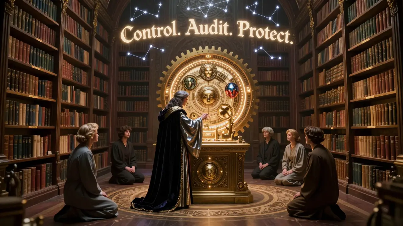 A scholar in a mystical library adjusting a gearwork device that filters sensitive data, with figures from regulated industries observing.