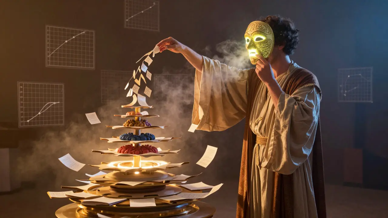 A scholar performing a ritual with token masking and rehearsal data, surrounded by glowing neural regularization symbols.