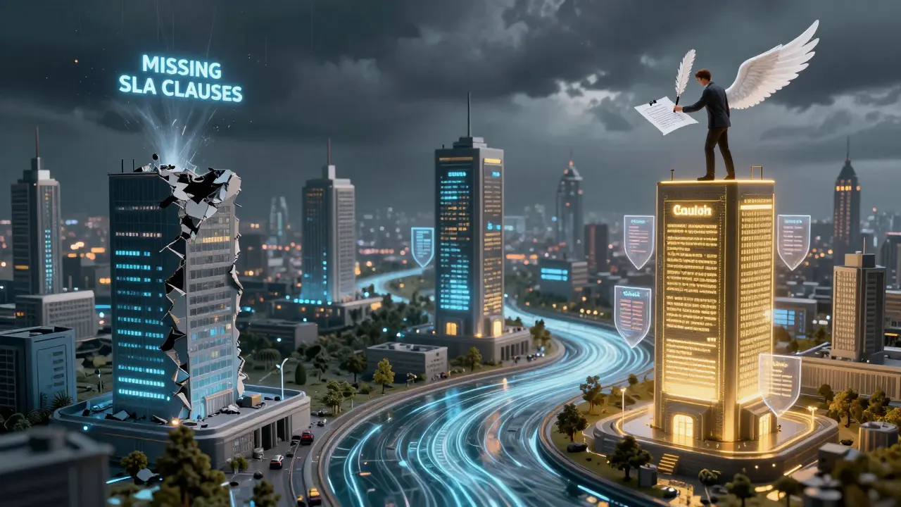 A surreal city of AI models with data rivers, one building collapsing under missing SLA clauses, an engineer signing a contract that becomes wings.