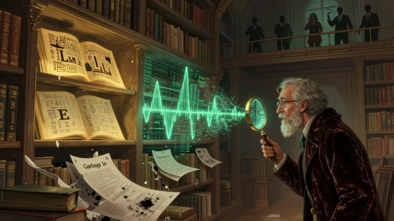 A surreal data library with glowing financial texts and corrupted pages, watched over by a scholar using a magnifying glass.